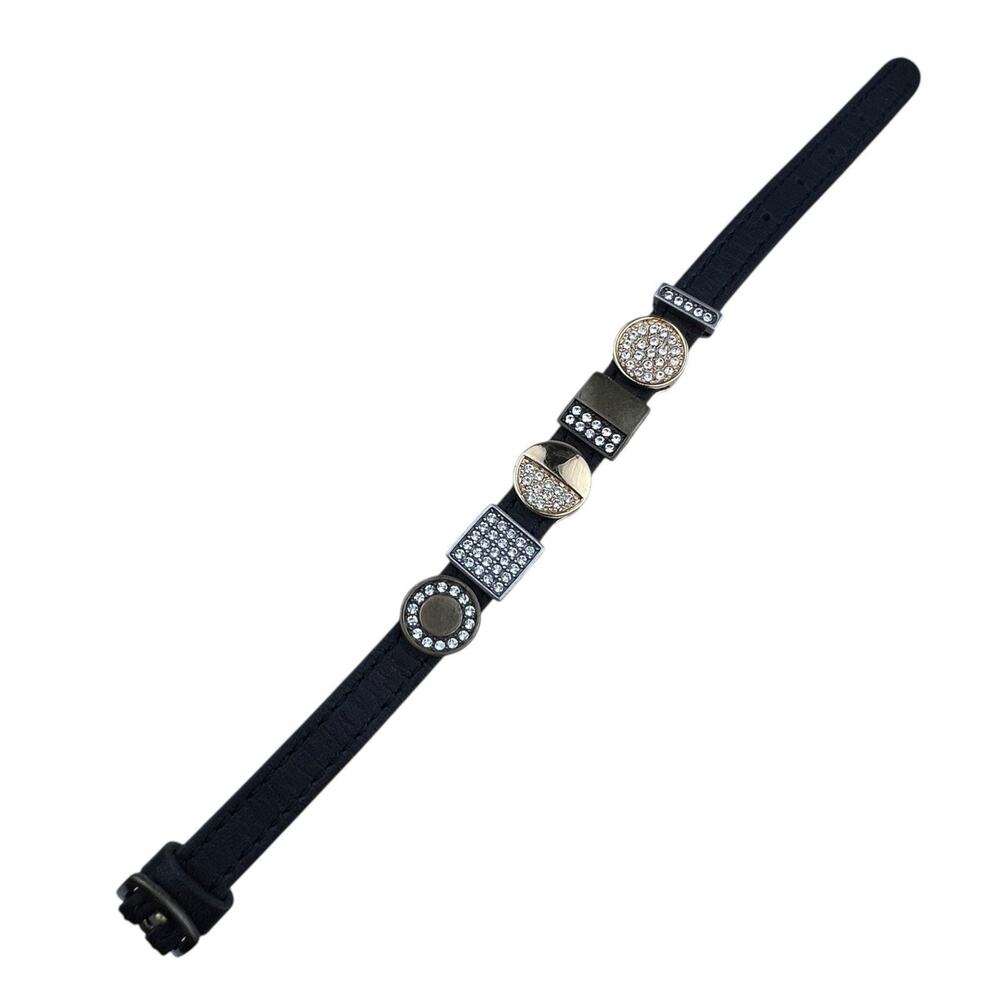 Touchstone Crystal Black Leather Slide Charm Bracelet 6"-8"